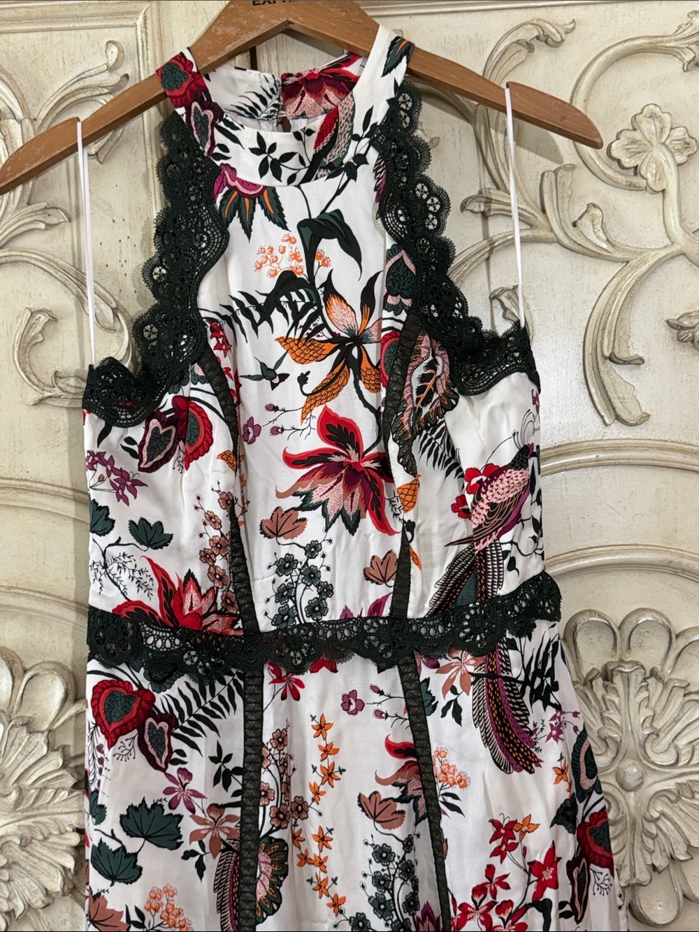 by Anthropologie Floral Lace-Trim Midi Dress in White with Red & Pink Blooms S-8 - Picture 3 of 16